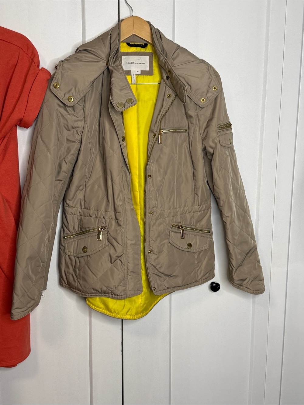 BCBGMaxAzria medium Taupe Quilted Utility Jacket with Yellow Lining